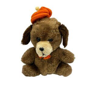 Dakin‎ Brown Dog Plush Nutshells Stuffed Animal Toy Orange Hat and Bow FLAW